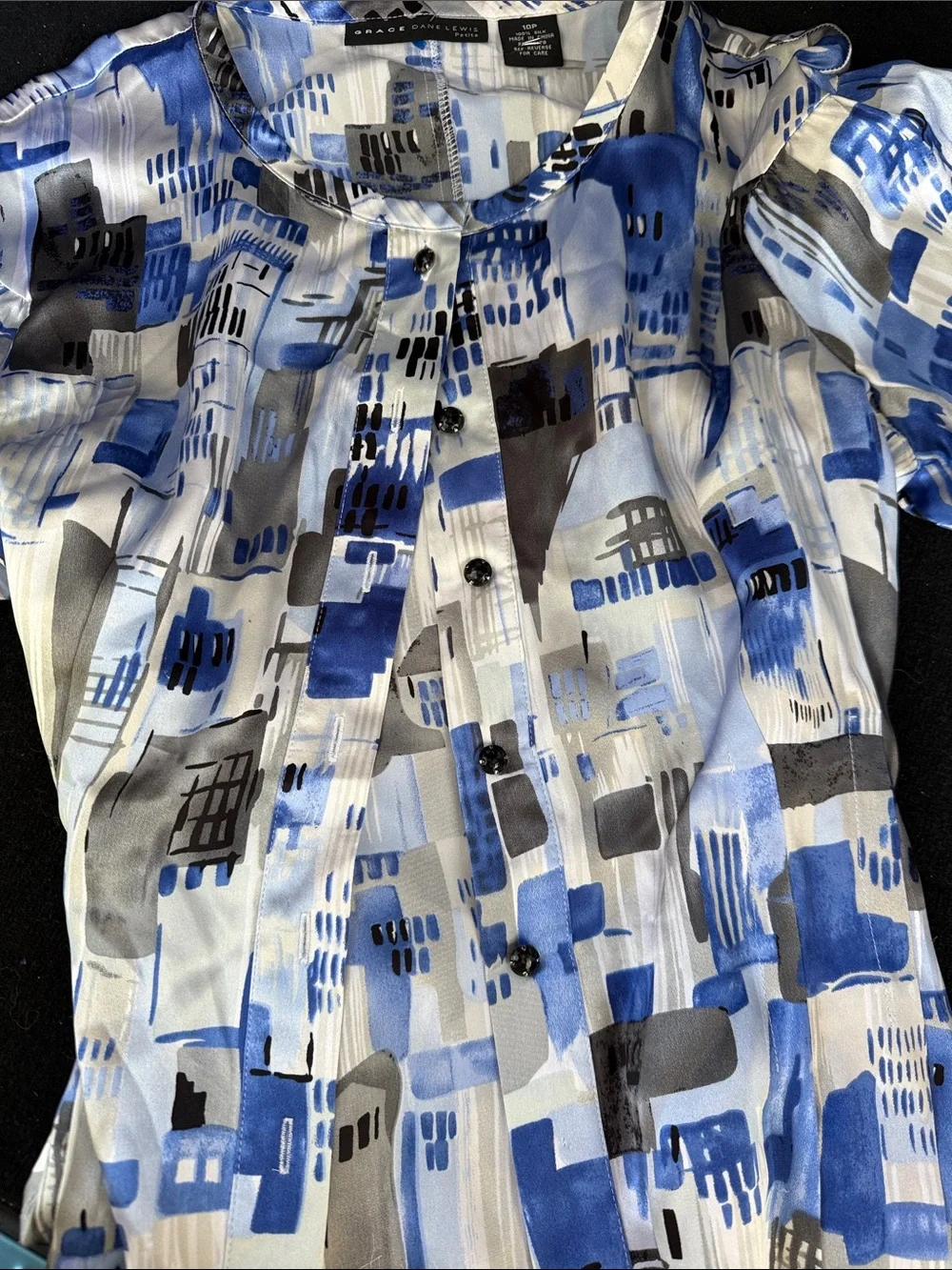 100 percent SILK Blue Abstract Print Pleated Button-Front Blouse